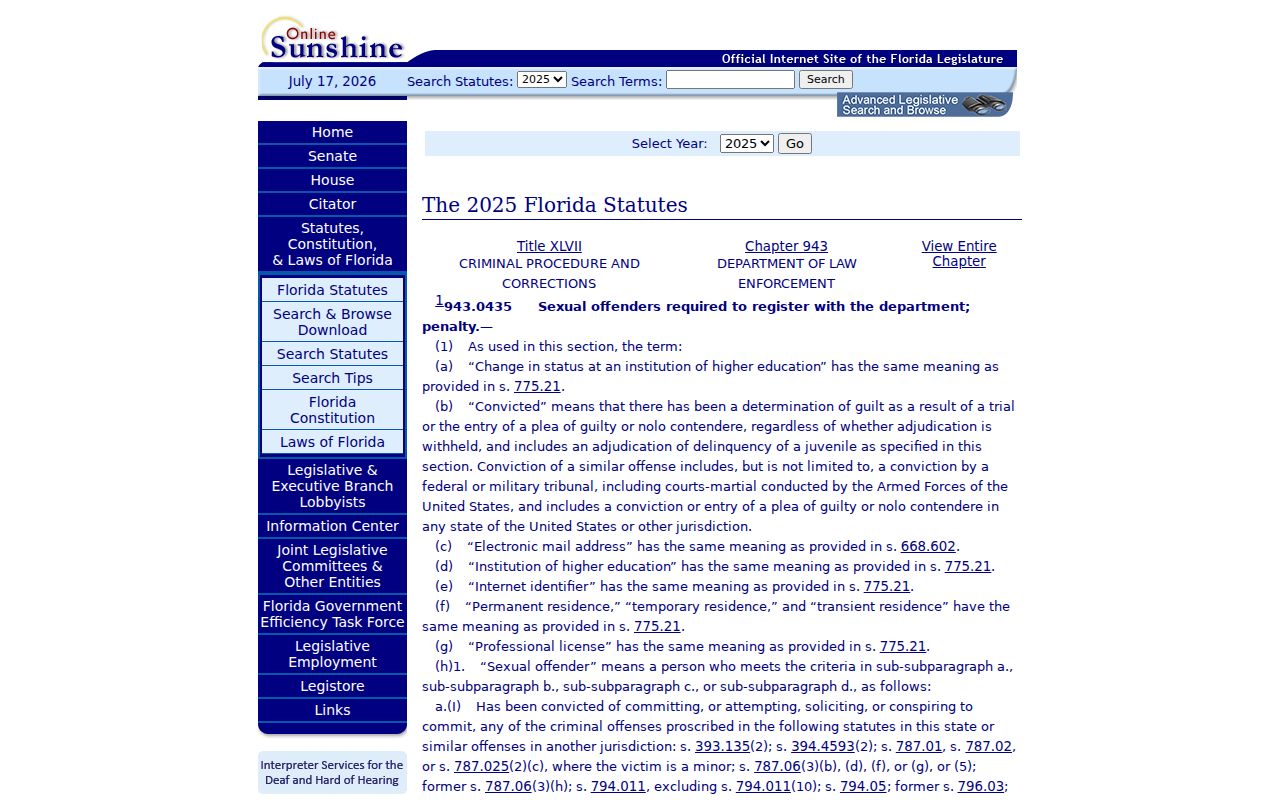 Florida registration duties used for Gilchrist County sex offender records
