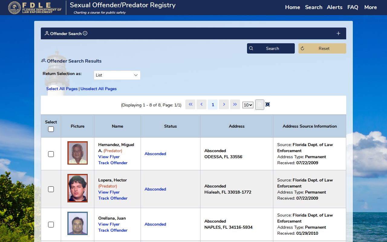 Gilchrist County sex offender search screen from FDLE