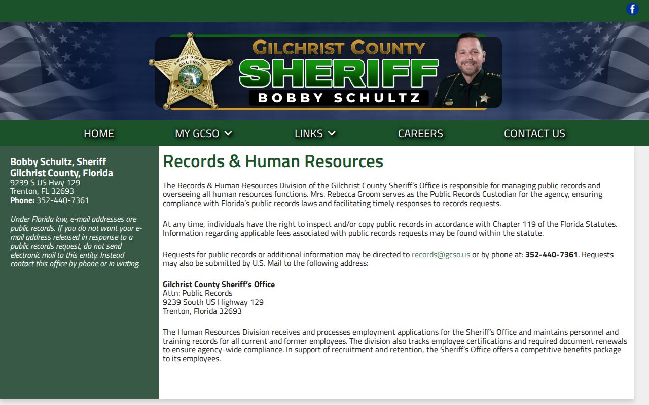 Gilchrist County arrest records request channels at the Sheriff's Office