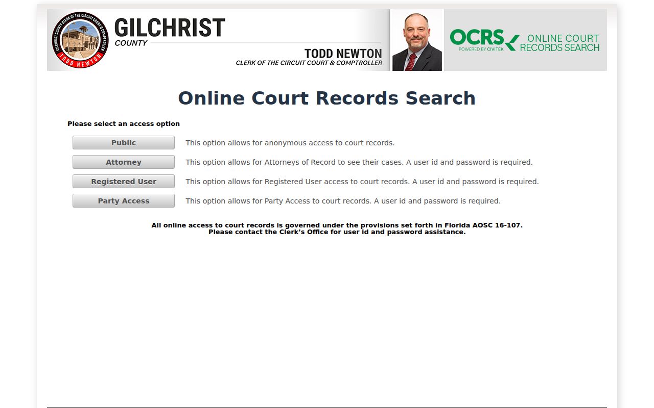 Gilchrist County criminal court case search on the official Civitek gateway
