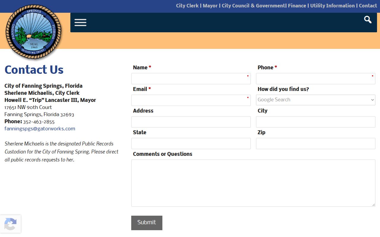 Fanning Springs criminal records city contact form